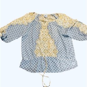 Ivy Jane xl blouse blue/yellow 3/4sleeve. Voile w/drawstring waist&rounded 27”L